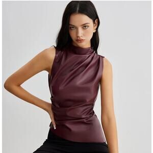 Commense Mock Neck Faux Leather Cinched Tank Top